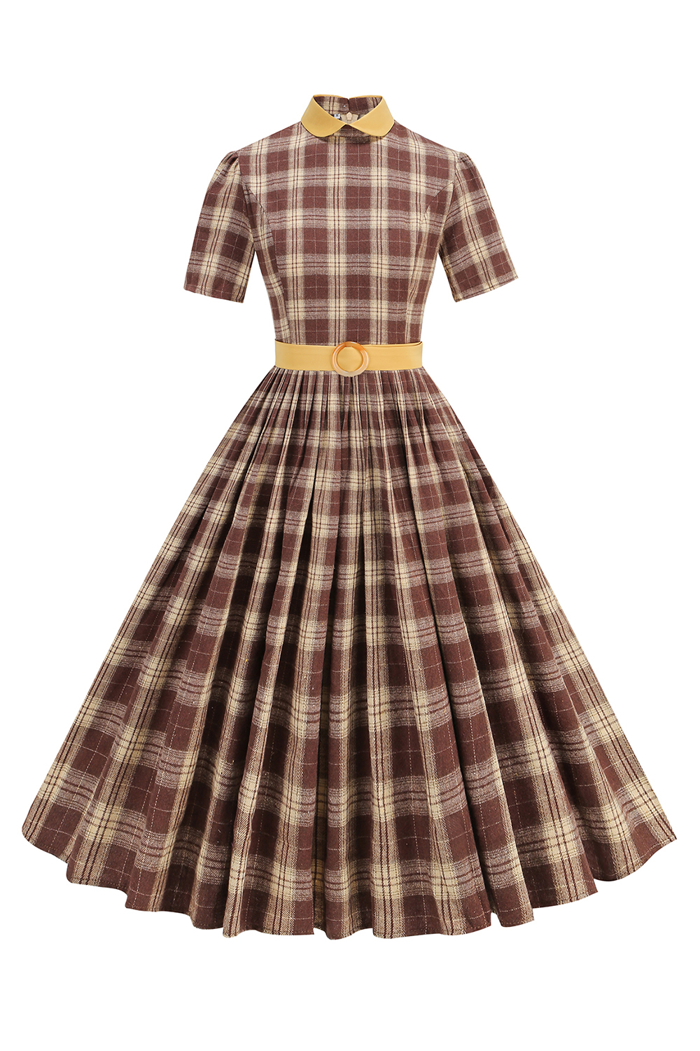 Plaid A-Line Midi Dress with Round Neck and Tie Waist – Short Sleeve Casual Summer Dress