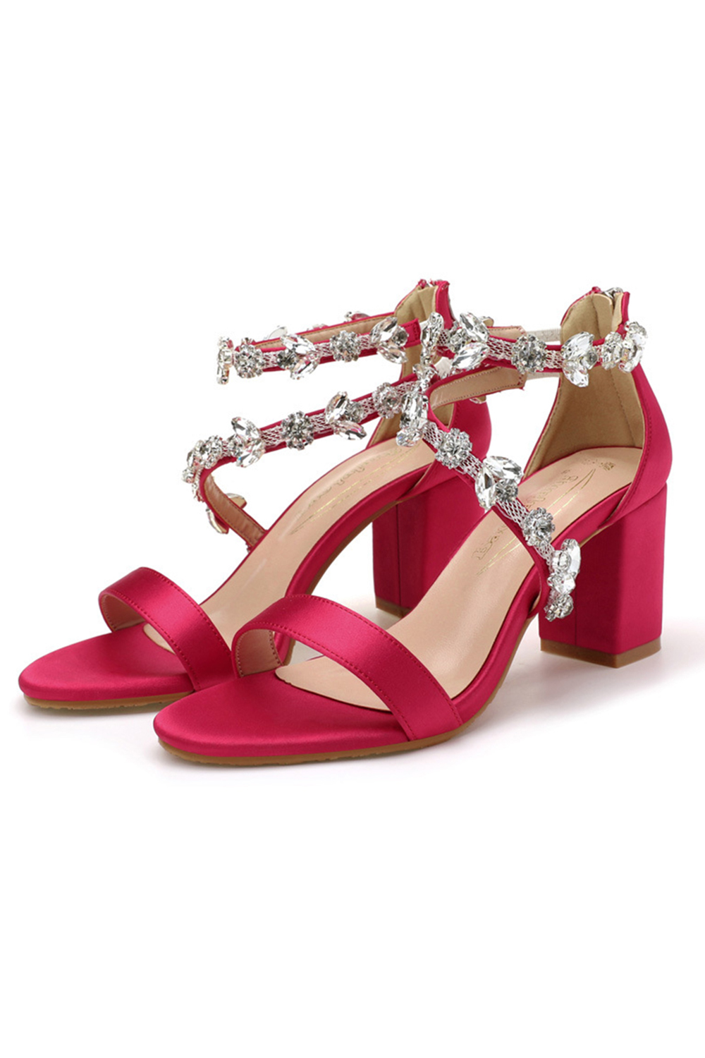 Elegant Round-Toe Satin Ankle Strap High Heels with Back Zipper for Women