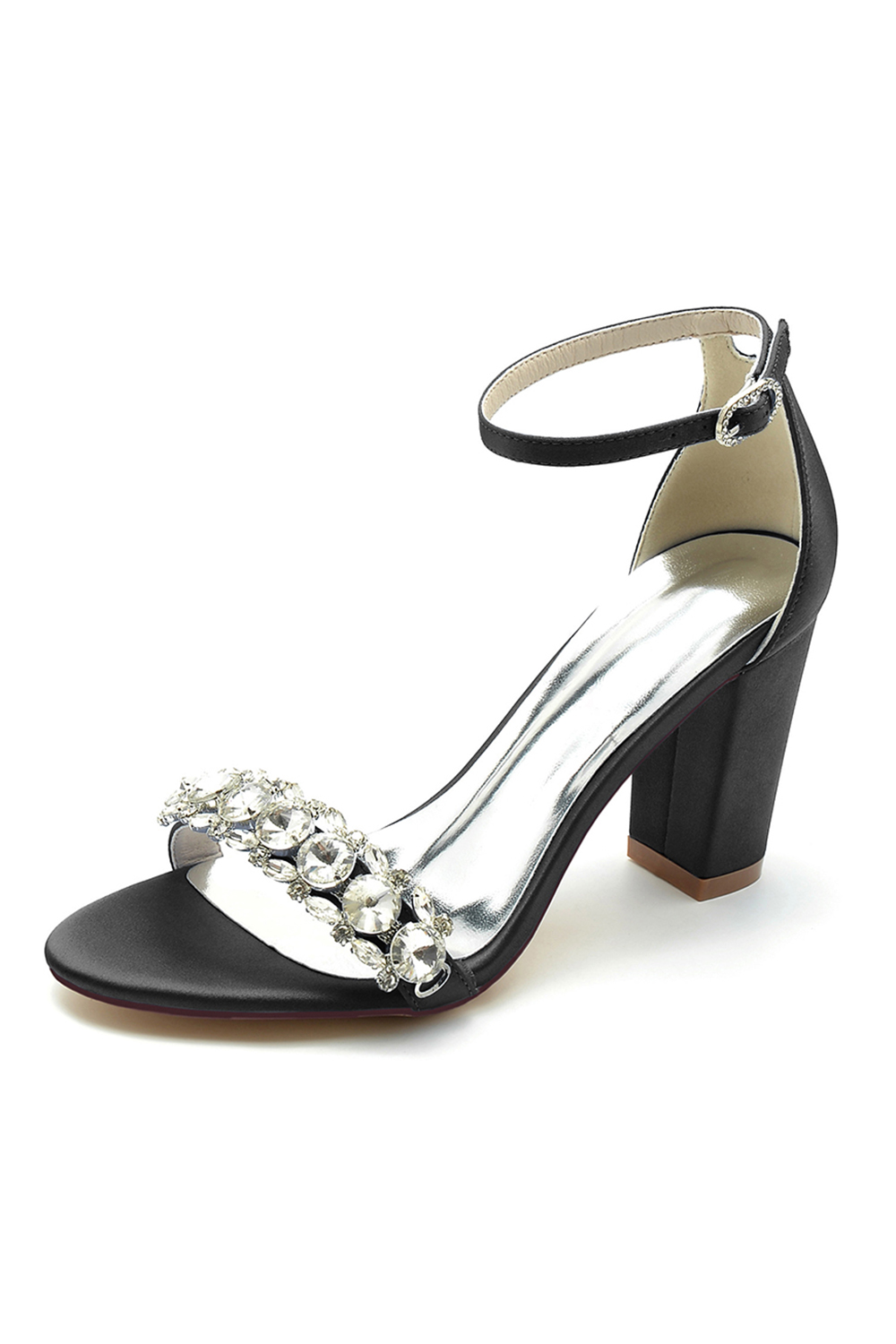 Rhinestone Chunky-Heel Satin Round-Toe Solid Color One-Strap Buckle High Heels for Women