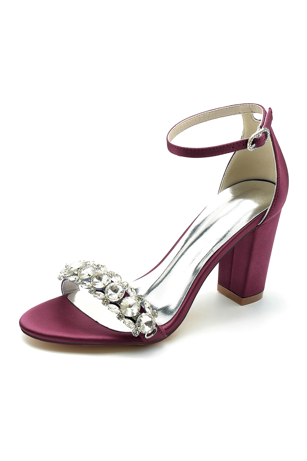 Rhinestone Chunky-Heel Satin Round-Toe Solid Color One-Strap Buckle High Heels for Women