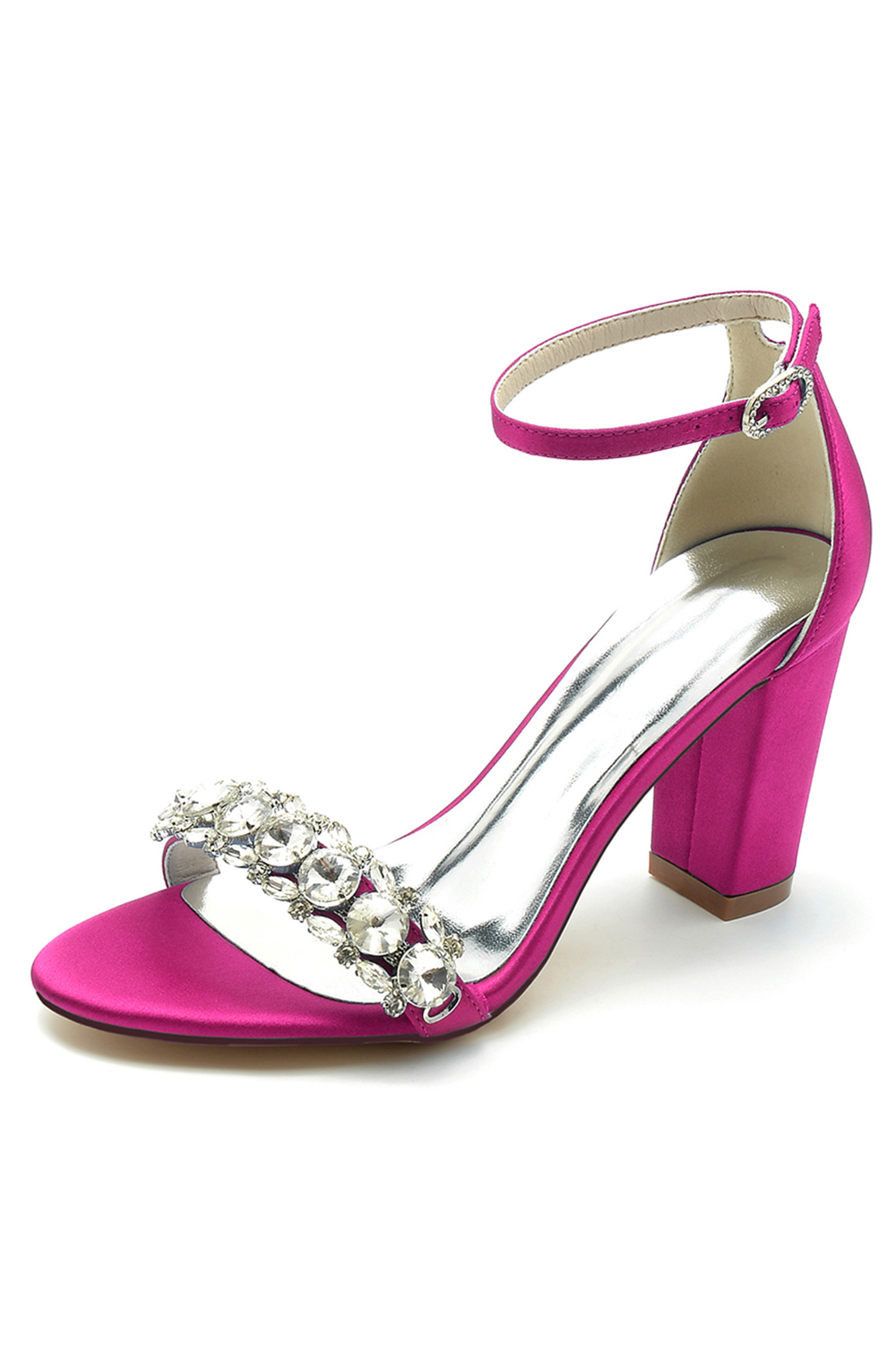 Rhinestone Chunky-Heel Satin Round-Toe Solid Color One-Strap Buckle High Heels for Women