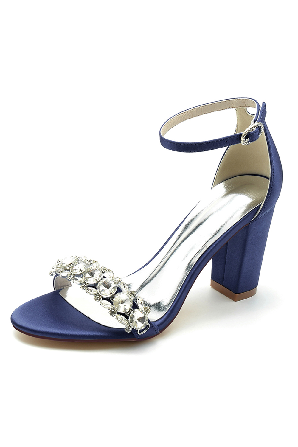 Rhinestone Chunky-Heel Satin Round-Toe Solid Color One-Strap Buckle High Heels for Women