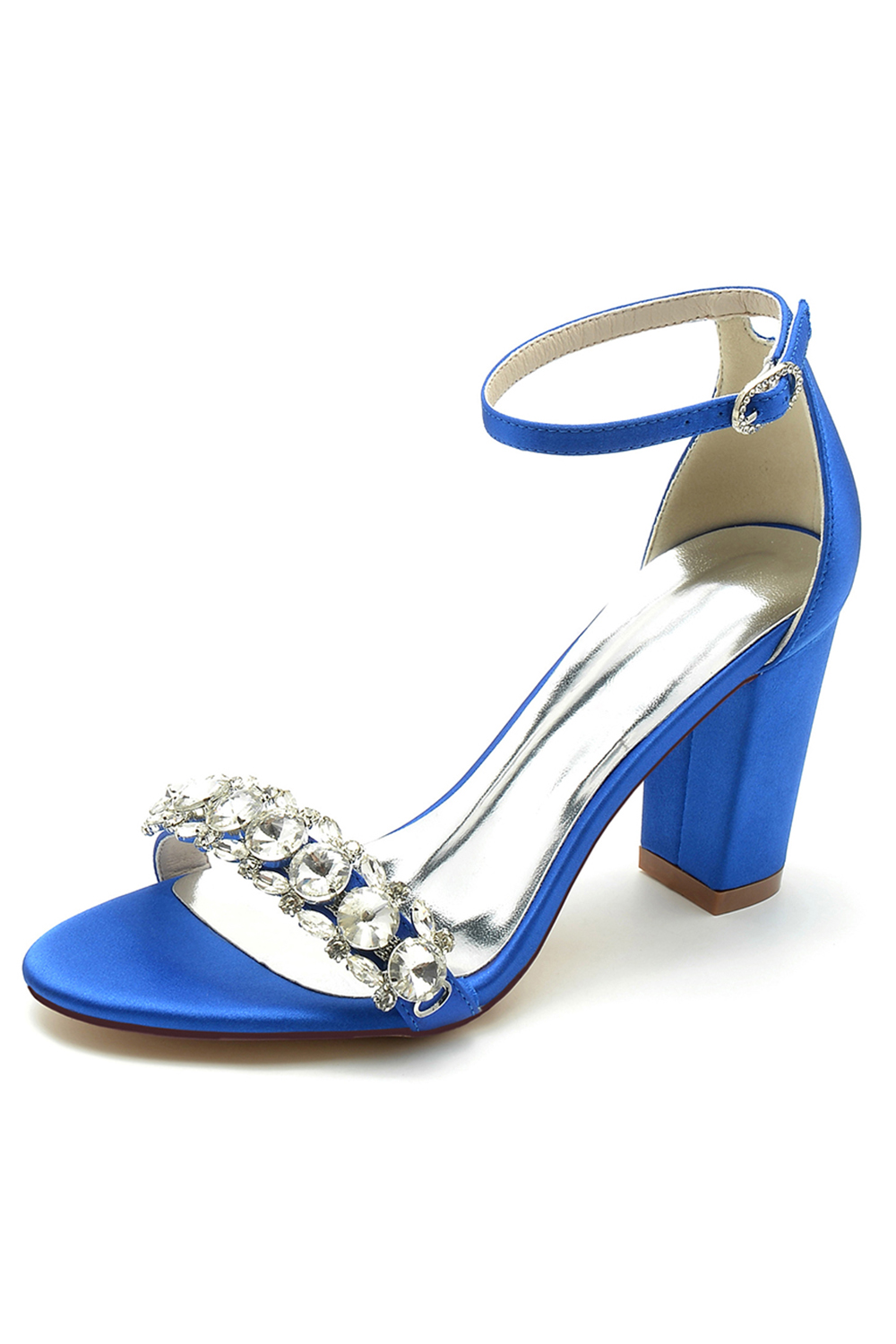 Rhinestone Chunky-Heel Satin Round-Toe Solid Color One-Strap Buckle High Heels for Women