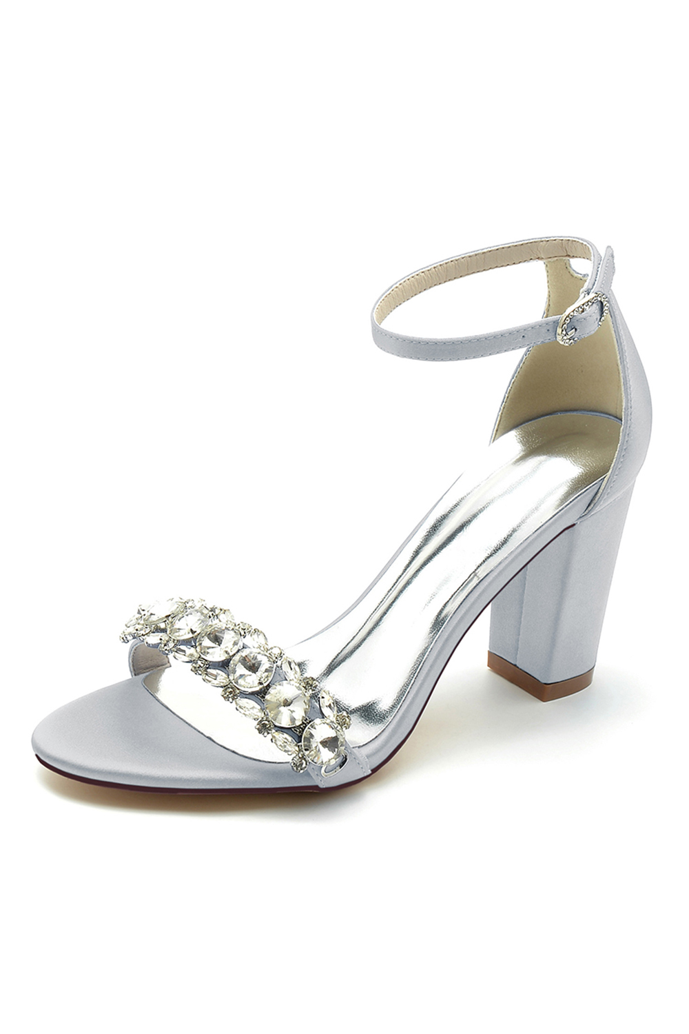 Rhinestone Chunky-Heel Satin Round-Toe Solid Color One-Strap Buckle High Heels for Women