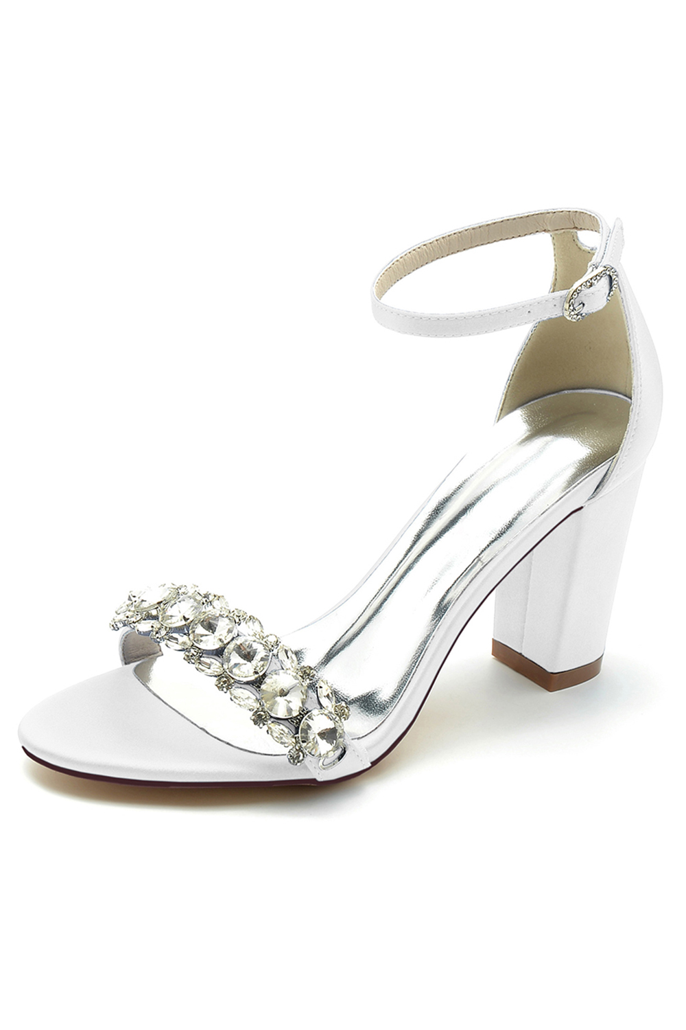 Rhinestone Chunky-Heel Satin Round-Toe Solid Color One-Strap Buckle High Heels for Women