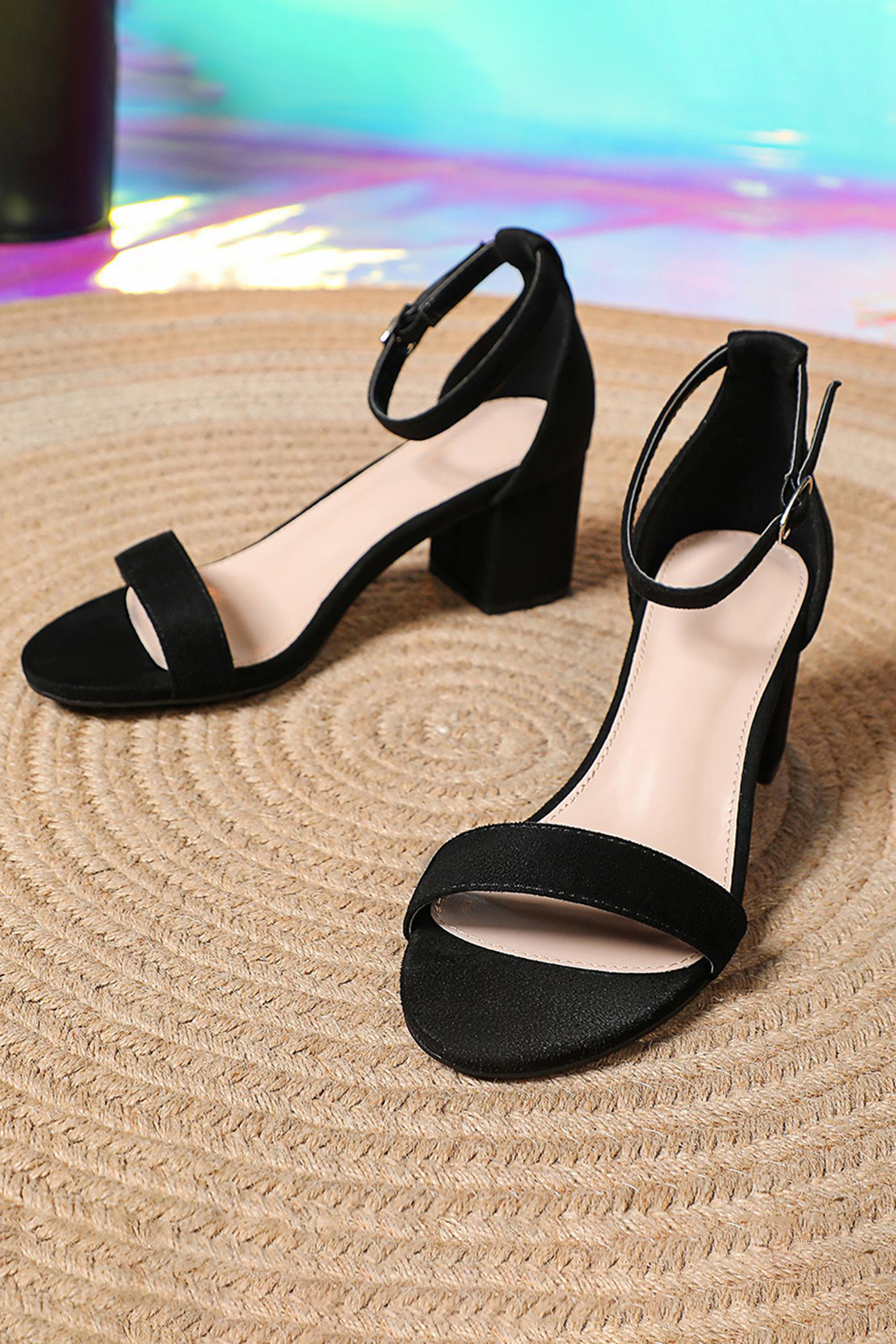 Minimalist Round-Toe Satin Chunky Heel Low-Heel Sandals with Buckle for Women
