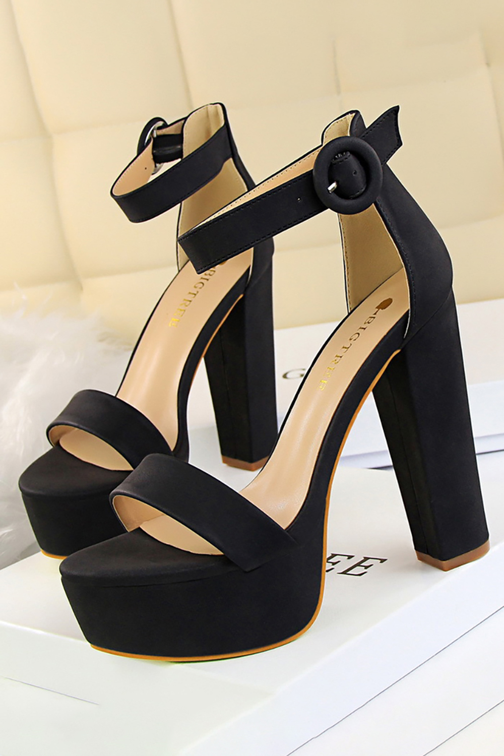 Simple Satin Chunky-Heel Round-Toe High Heels with Buckle for Women