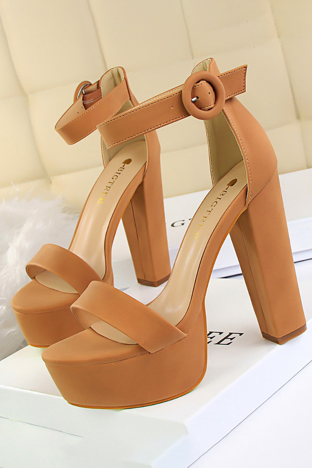 Simple Satin Chunky-Heel Round-Toe High Heels with Buckle for Women