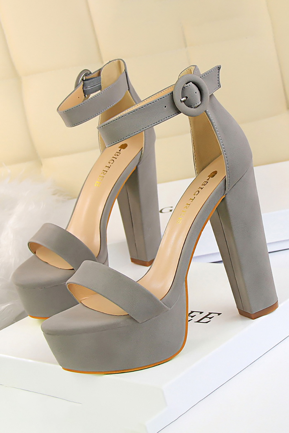 Simple Satin Chunky-Heel Round-Toe High Heels with Buckle for Women