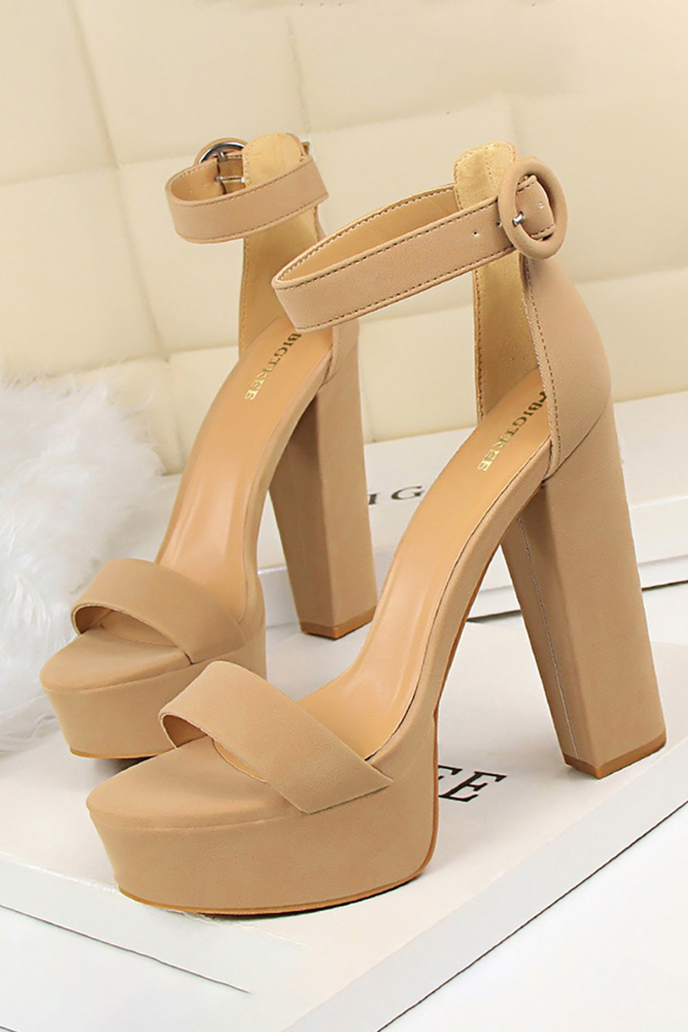 Simple Satin Chunky-Heel Round-Toe High Heels with Buckle for Women
