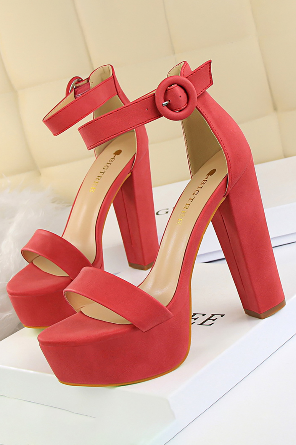 Simple Satin Chunky-Heel Round-Toe High Heels with Buckle for Women