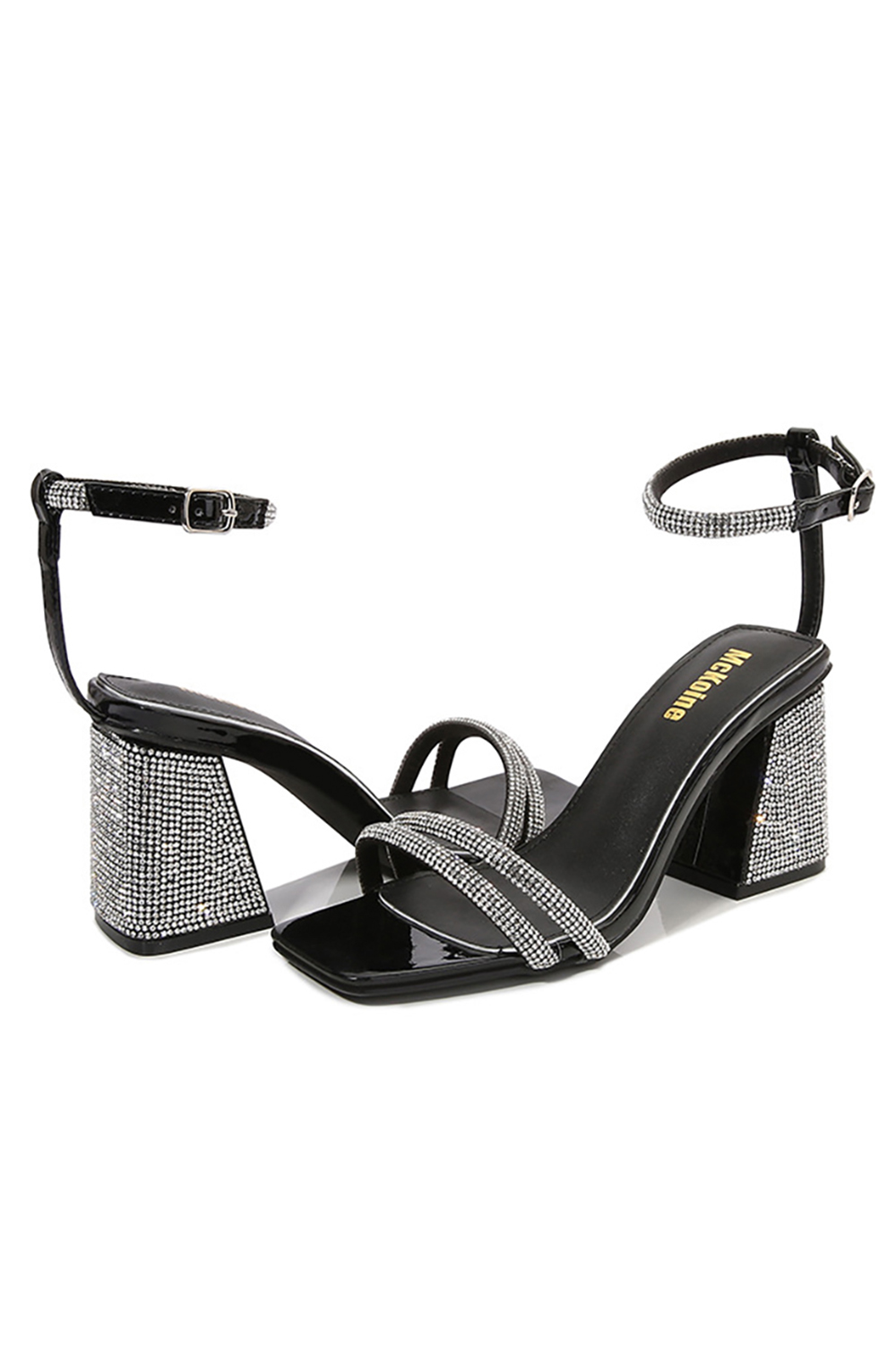 Elegant Square-Toe Rhinestone Buckle Chunky-Heeled High-Heeled Sandals