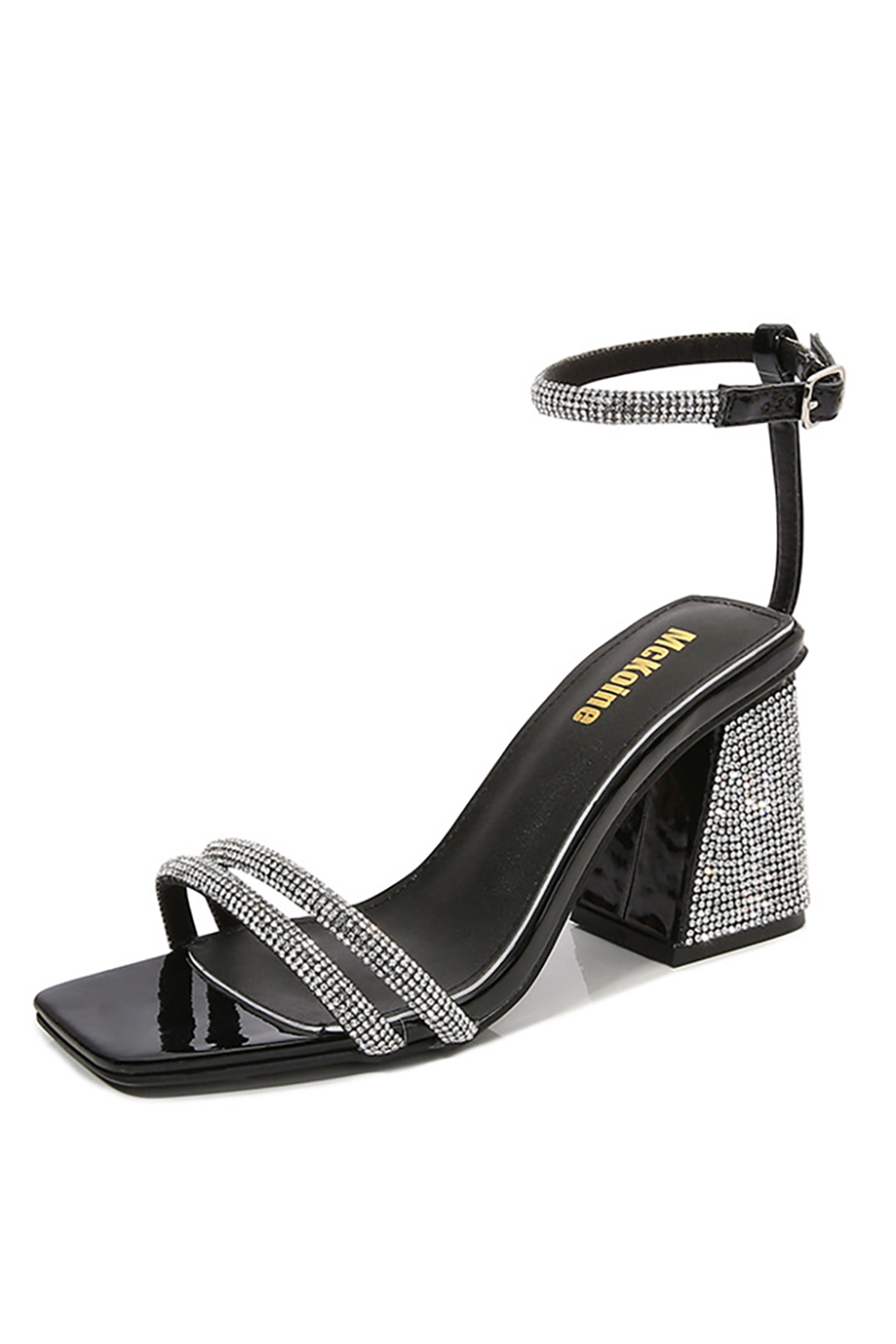 Elegant Square-Toe Rhinestone Buckle Chunky-Heeled High-Heeled Sandals