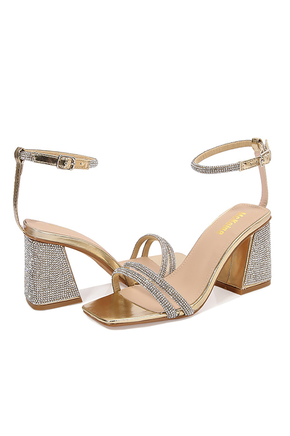 Elegant Square-Toe Rhinestone Buckle Chunky-Heeled High-Heeled Sandals