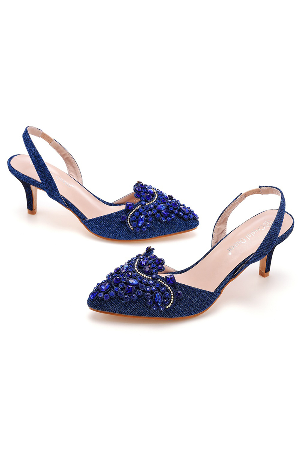 Simple Pointed-Toe Rhinestone One-Strap Low-Heel Stiletto Sandals