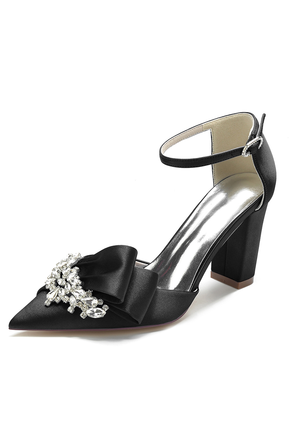 Elegant Satin Chunky-Heel Rhinestone High Heels Closed-Toe Design