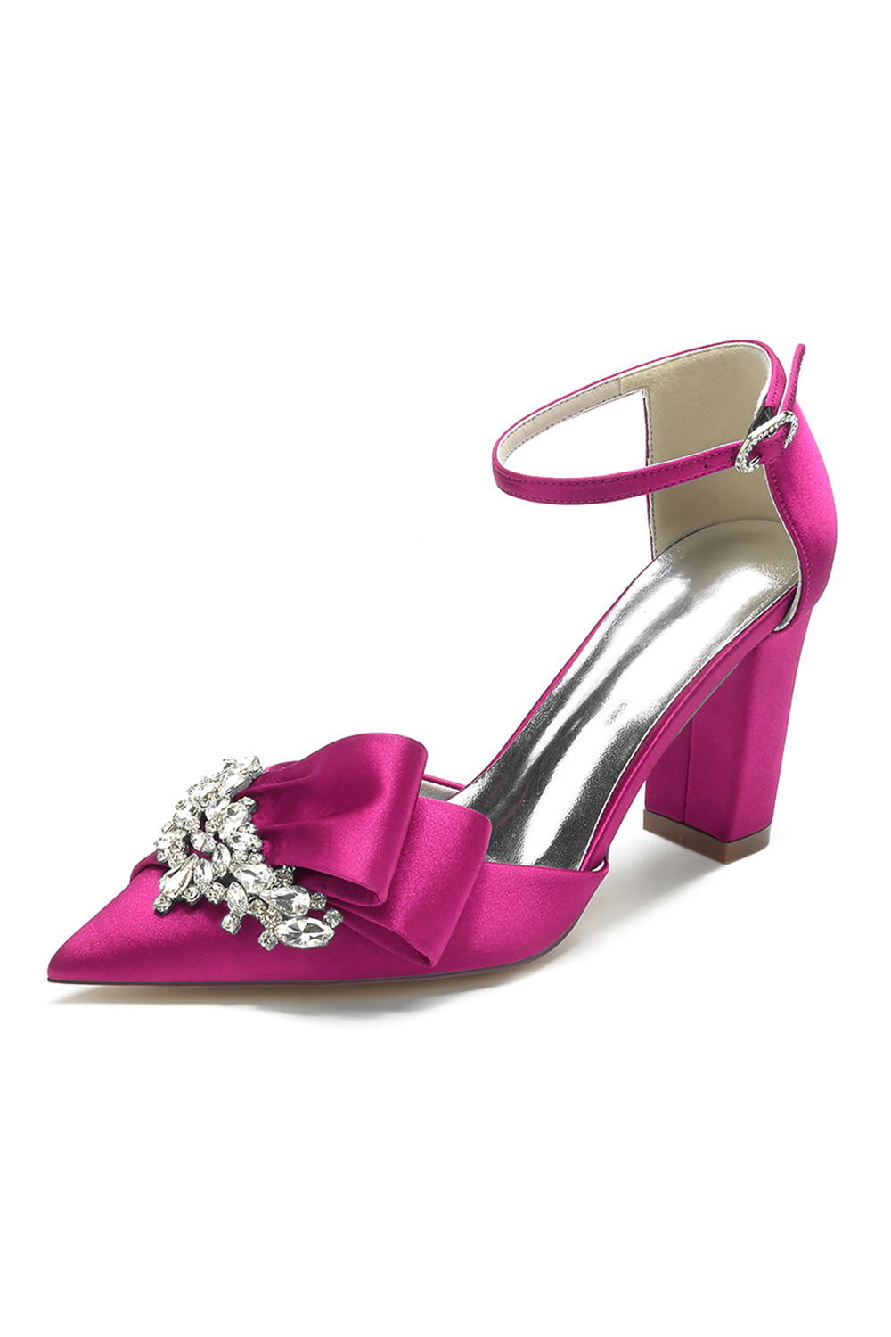 Elegant Satin Chunky-Heel Rhinestone High Heels Closed-Toe Design