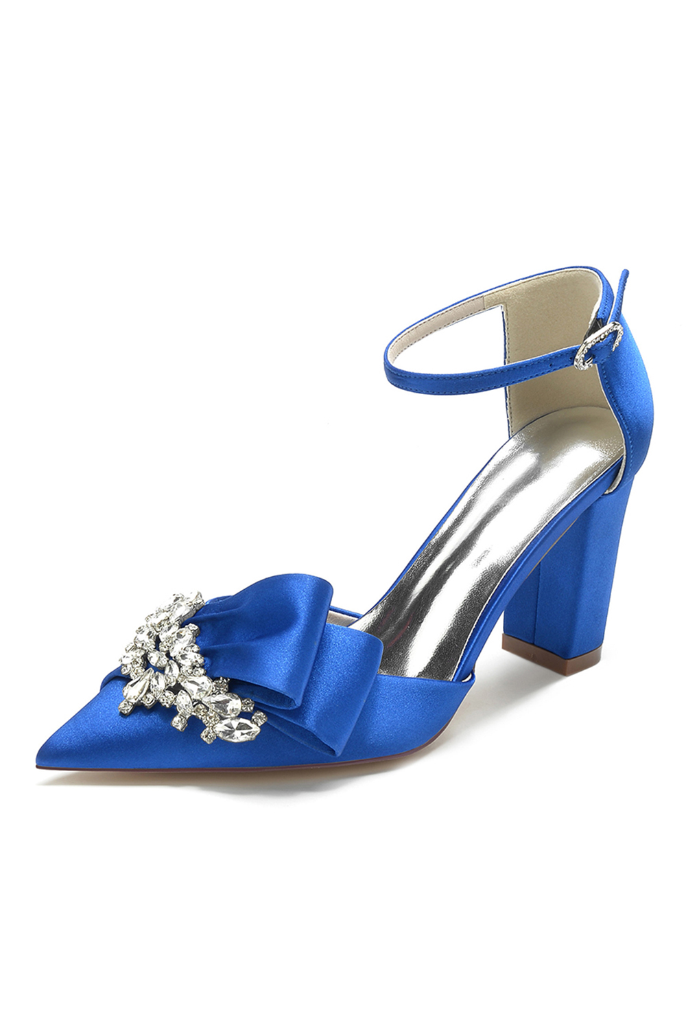 Elegant Satin Chunky-Heel Rhinestone High Heels Closed-Toe Design
