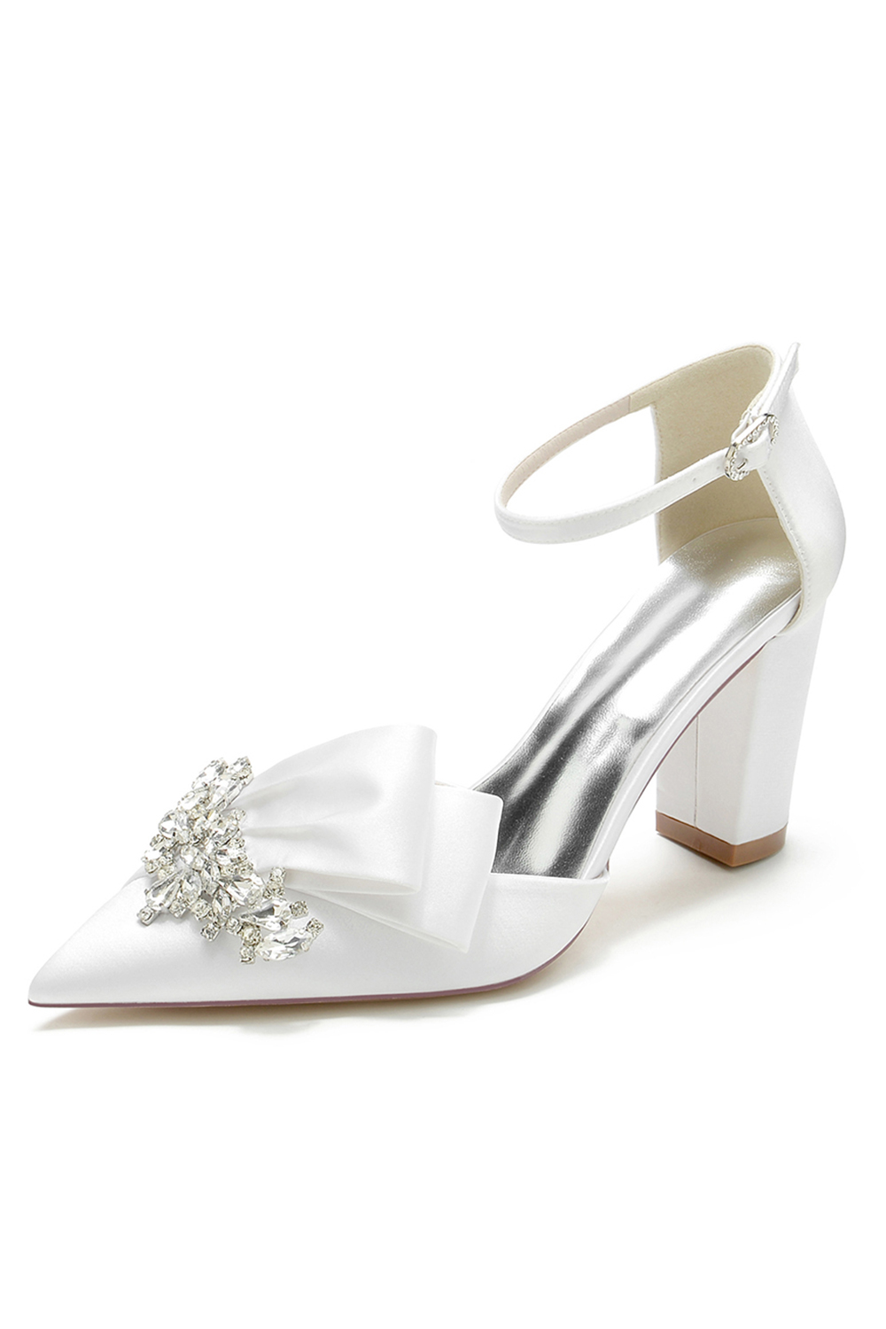 Elegant Satin Chunky-Heel Rhinestone High Heels Closed-Toe Design