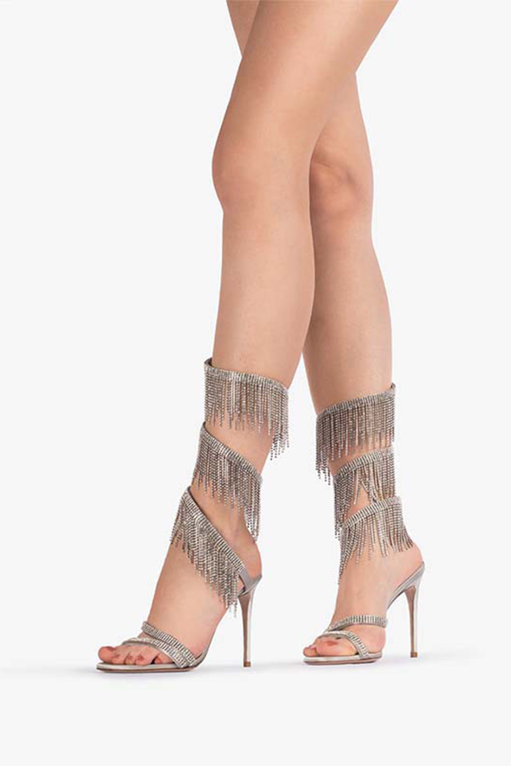 Glitter Silver Open Toe Strappy Tassels High Heels with Beading