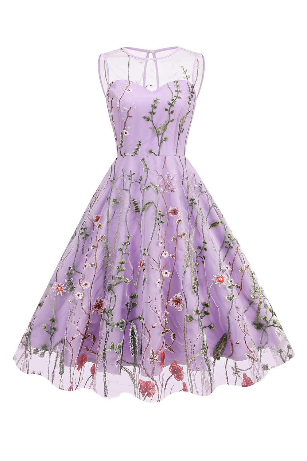 Round Neck Sleeveless Sheer Floral Print Party Maxi Dress