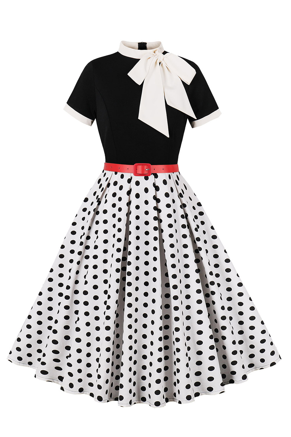 Round Neck Short Sleeves Bow Tie A-Line Midi Cocktall Dress