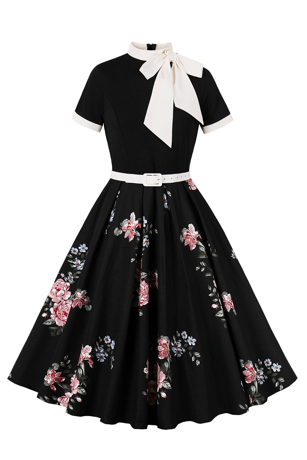 Round Neck Bowknot Floral Print Tie-Waist Midi Party Dress