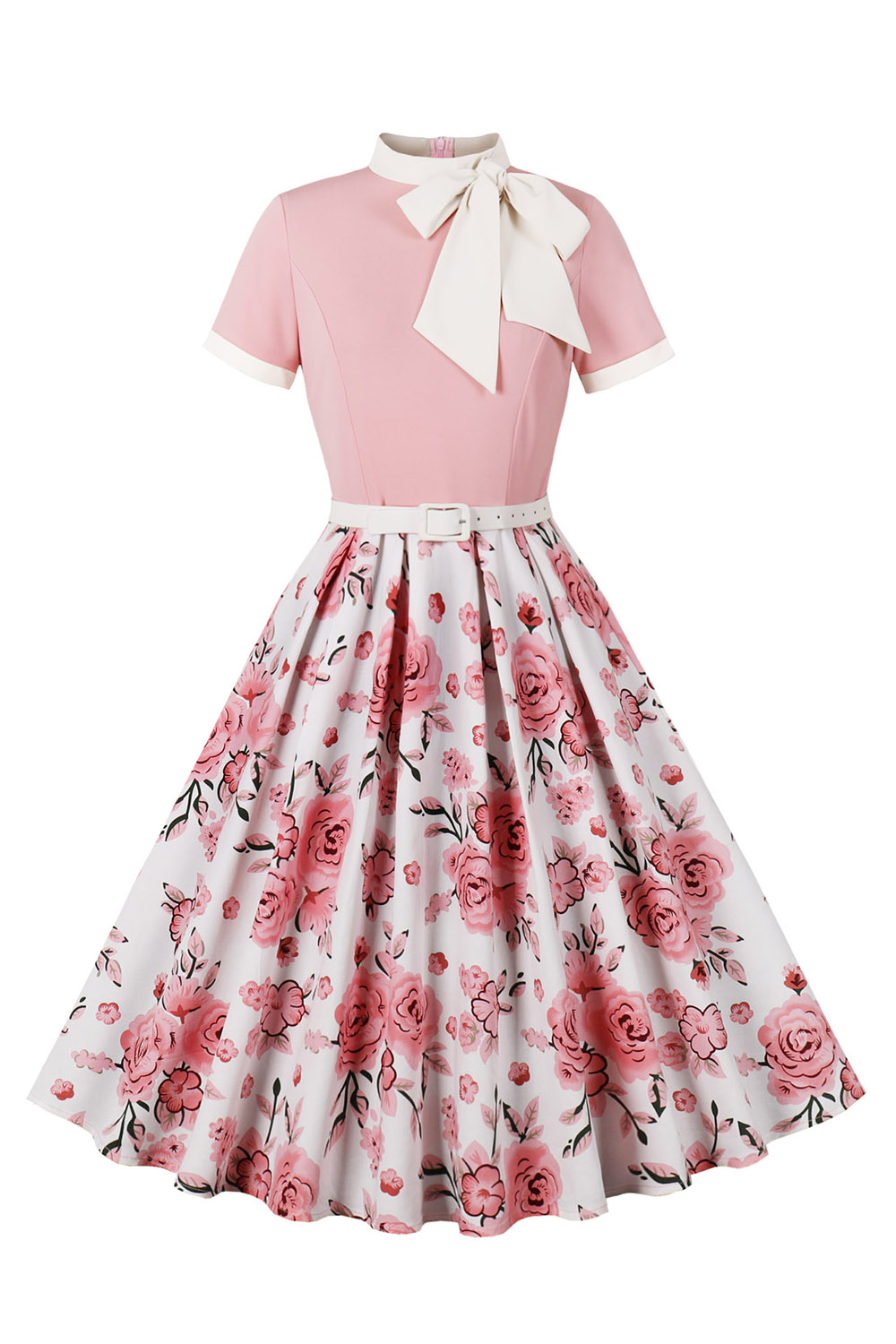 Round Neck Bowknot Floral Print Tie-Waist Midi Party Dress