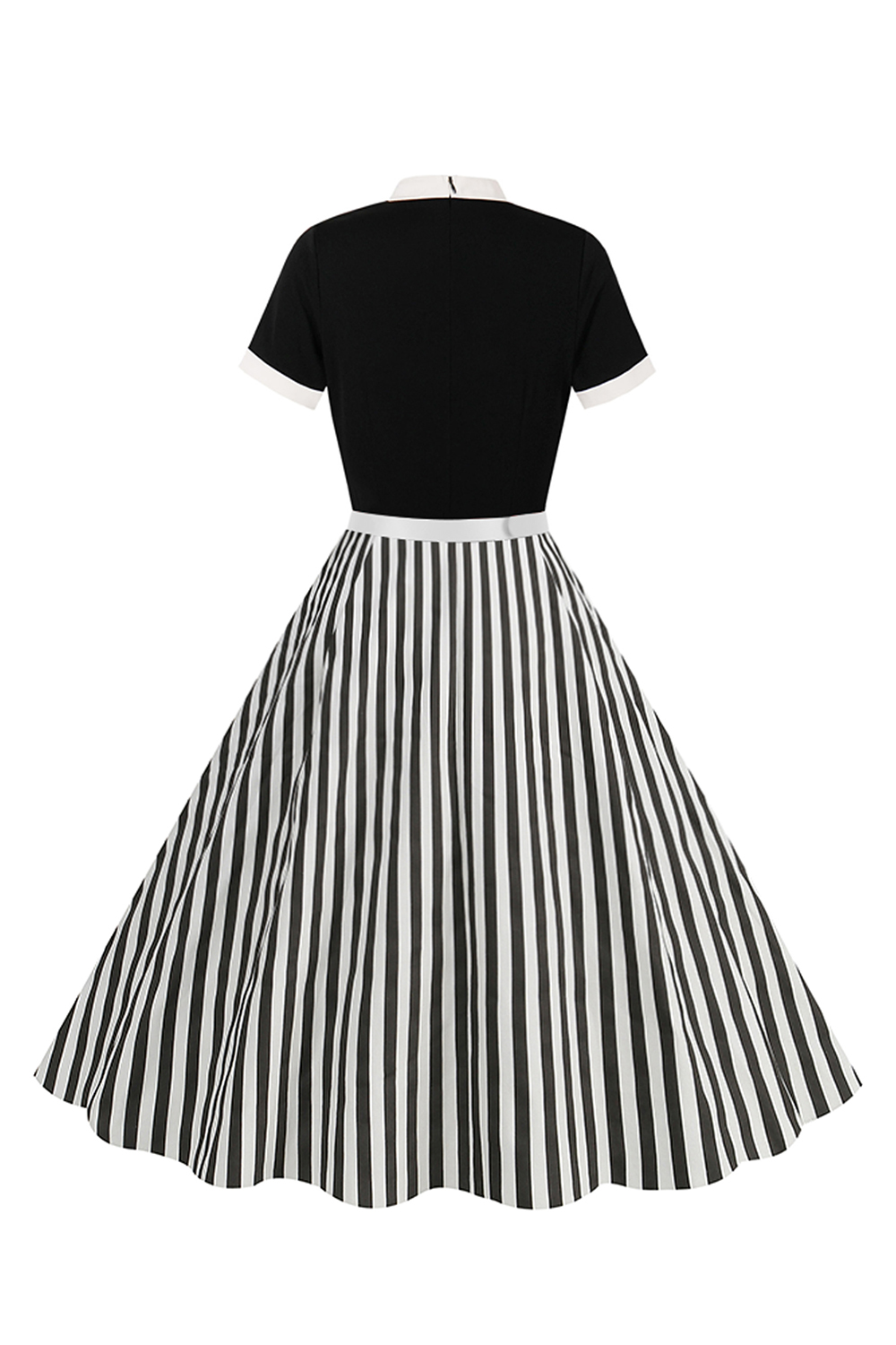Round Neck Short Sleeve Tie-Waist Striped A-Line Midi Cocktall Dress