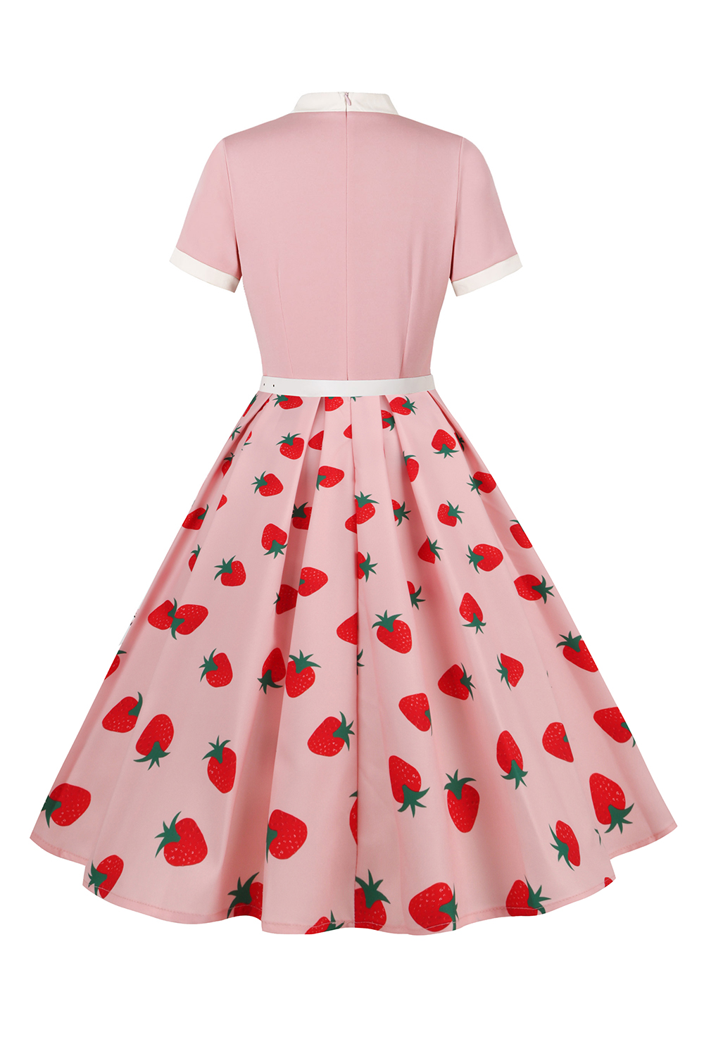 Round Neck Bowknot Short Sleeve Strawberry Print A-Line Midi Vintage Dress