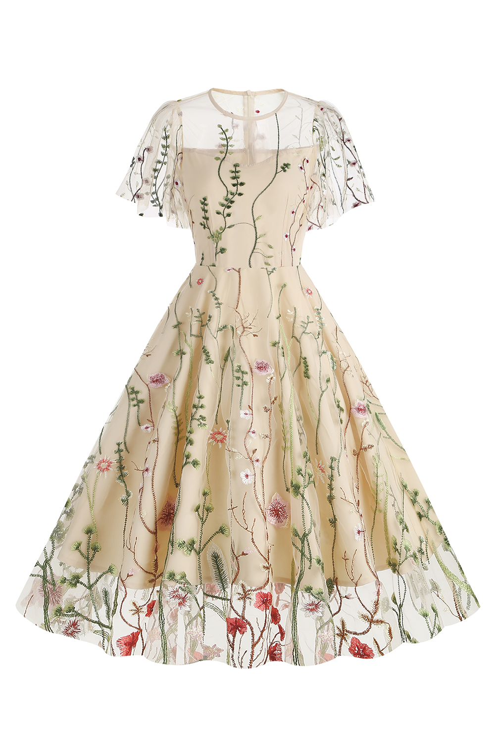 Short Sleeve Sheer Overlay Round Neck Floral Appliqué A-Line Midi Dress