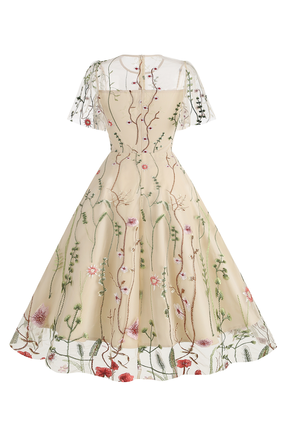 Short Sleeve Sheer Overlay Round Neck Floral Appliqué A-Line Midi Dress