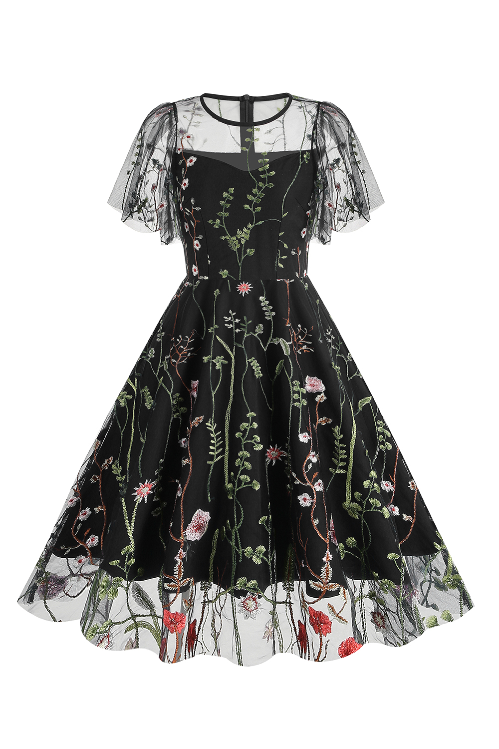 Short Sleeve Sheer Overlay Round Neck Floral Appliqué A-Line Midi Dress