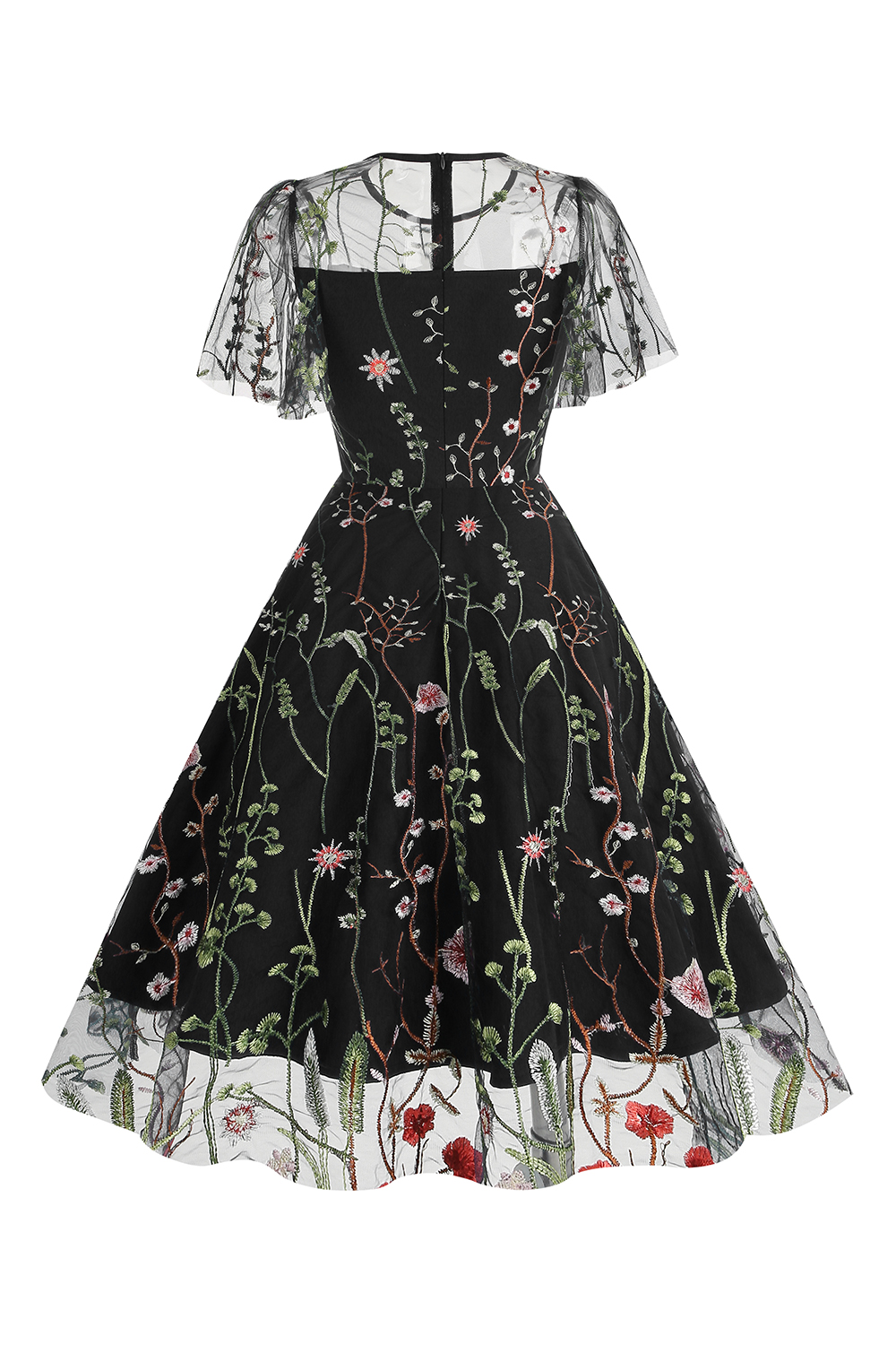 Short Sleeve Sheer Overlay Round Neck Floral Appliqué A-Line Midi Dress