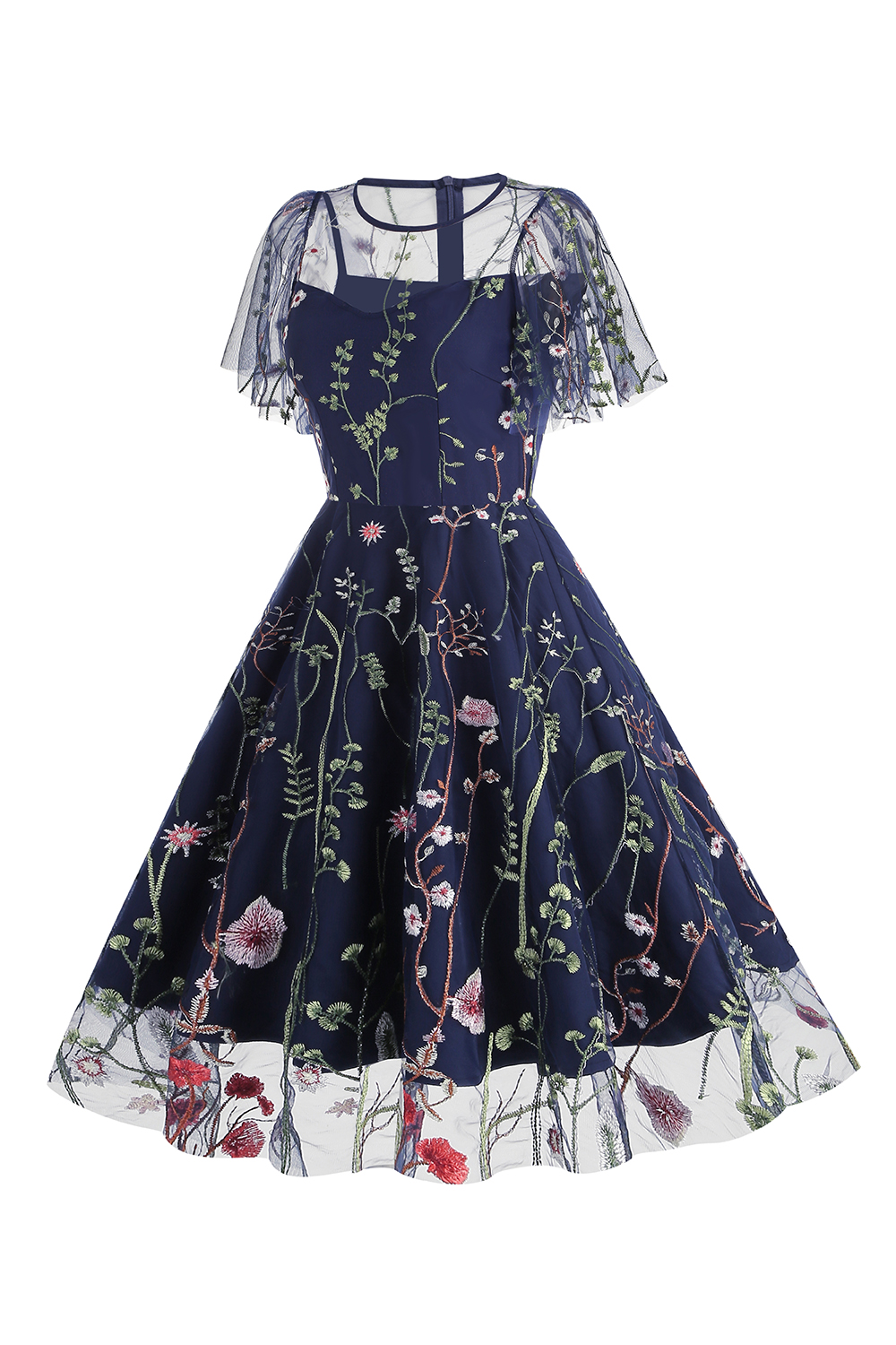 Short Sleeve Sheer Overlay Round Neck Floral Appliqué A-Line Midi Dress