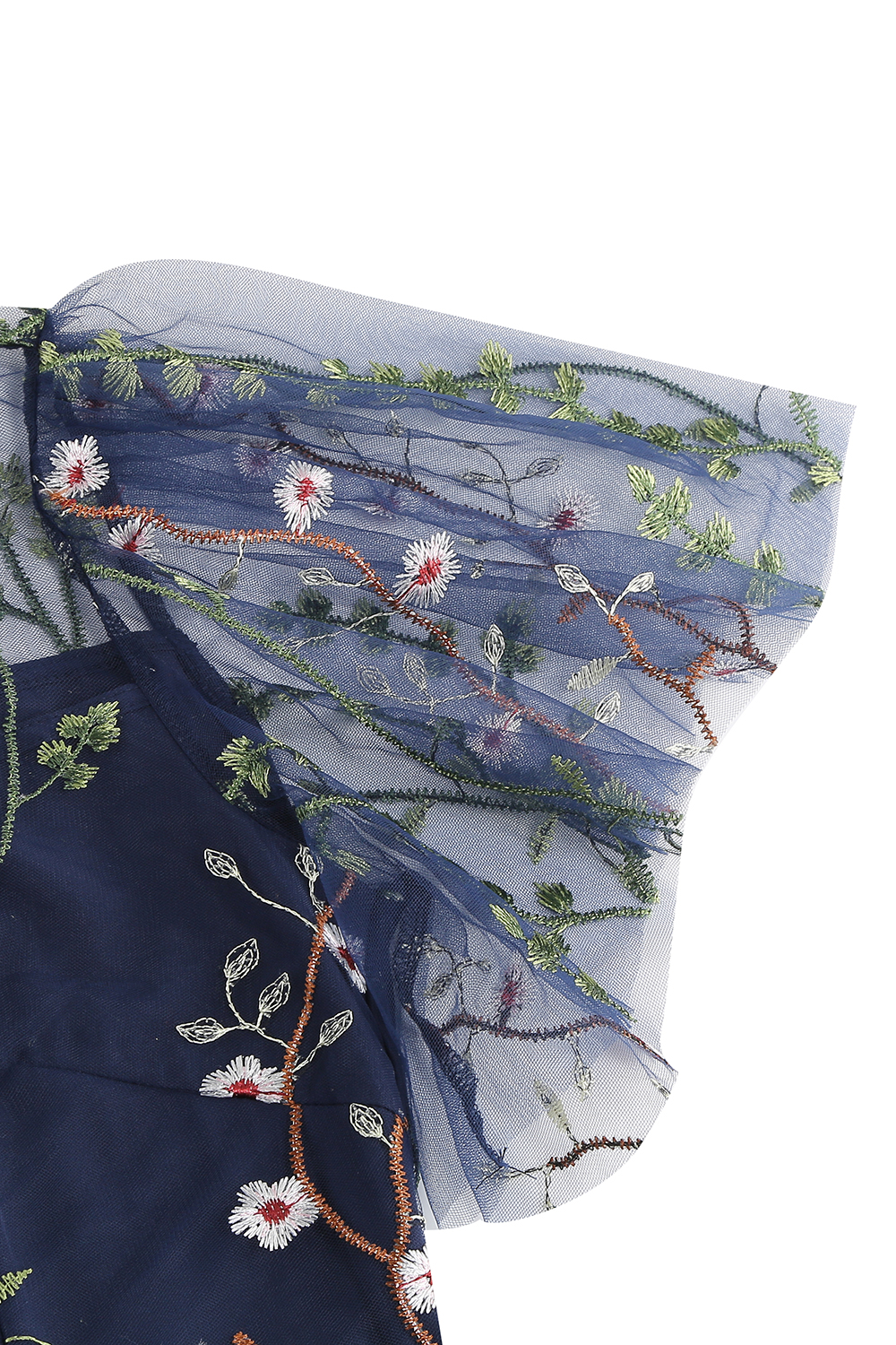 Short Sleeve Sheer Overlay Round Neck Floral Appliqué A-Line Midi Dress