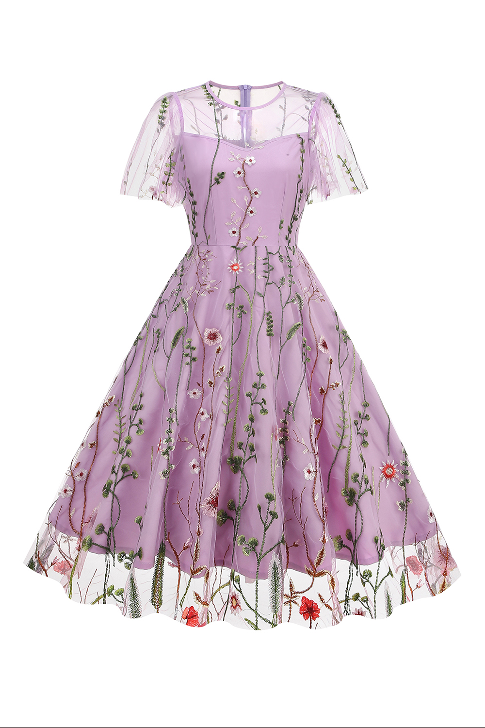 Short Sleeve Sheer Overlay Round Neck Floral Appliqué A-Line Midi Dress