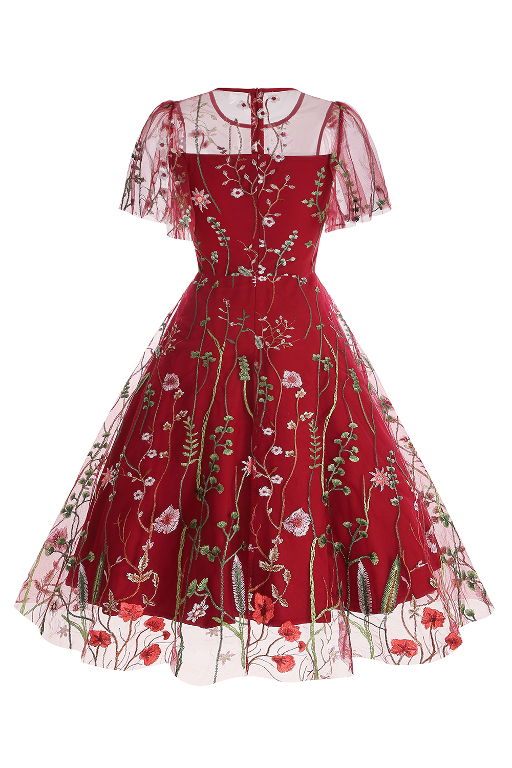 Short Sleeve Sheer Overlay Round Neck Floral Appliqué A-Line Midi Dress