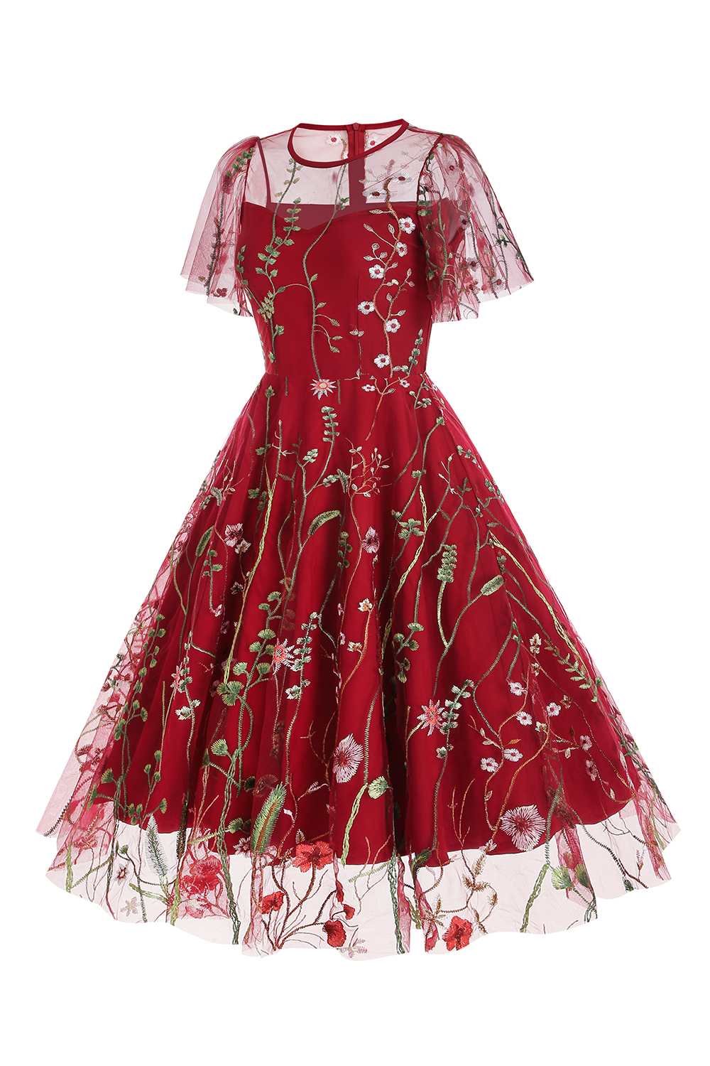 Short Sleeve Sheer Overlay Round Neck Floral Appliqué A-Line Midi Dress