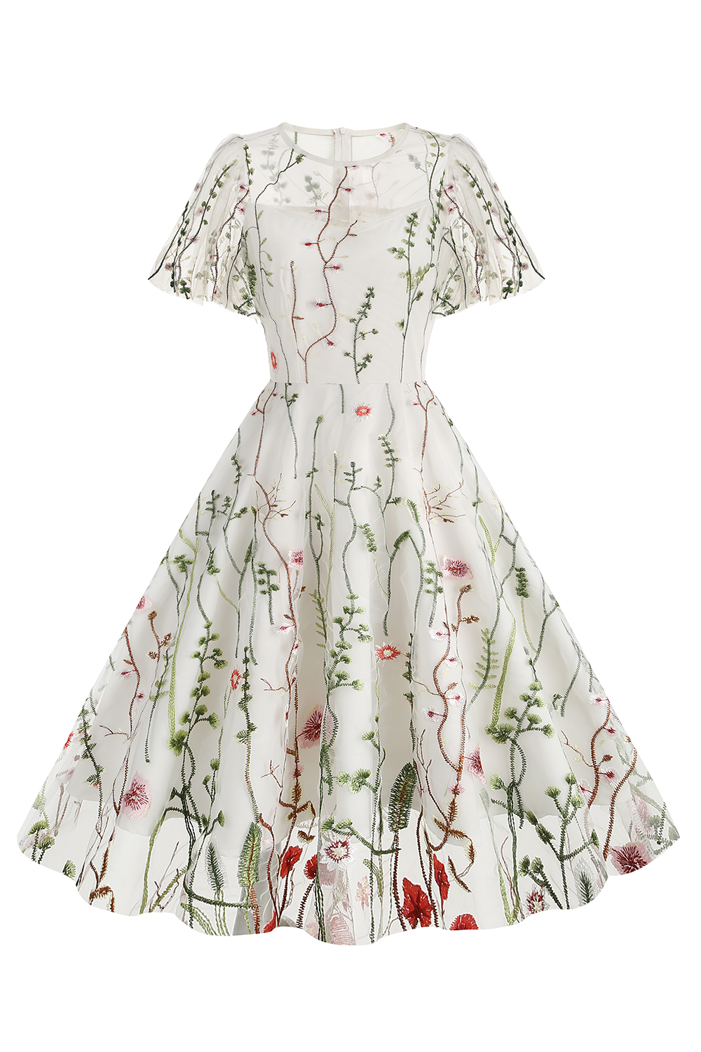 Short Sleeve Sheer Overlay Round Neck Floral Appliqué A-Line Midi Dress
