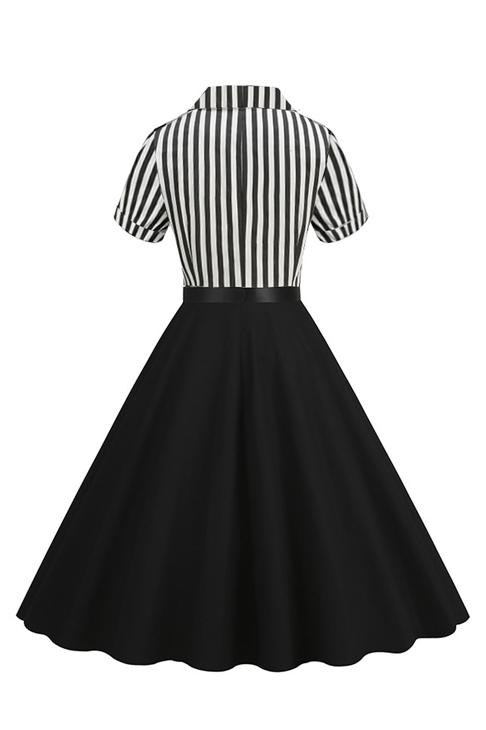 Chic Black and White Striped A-Line Dress with Shawl Collar and Button Detail