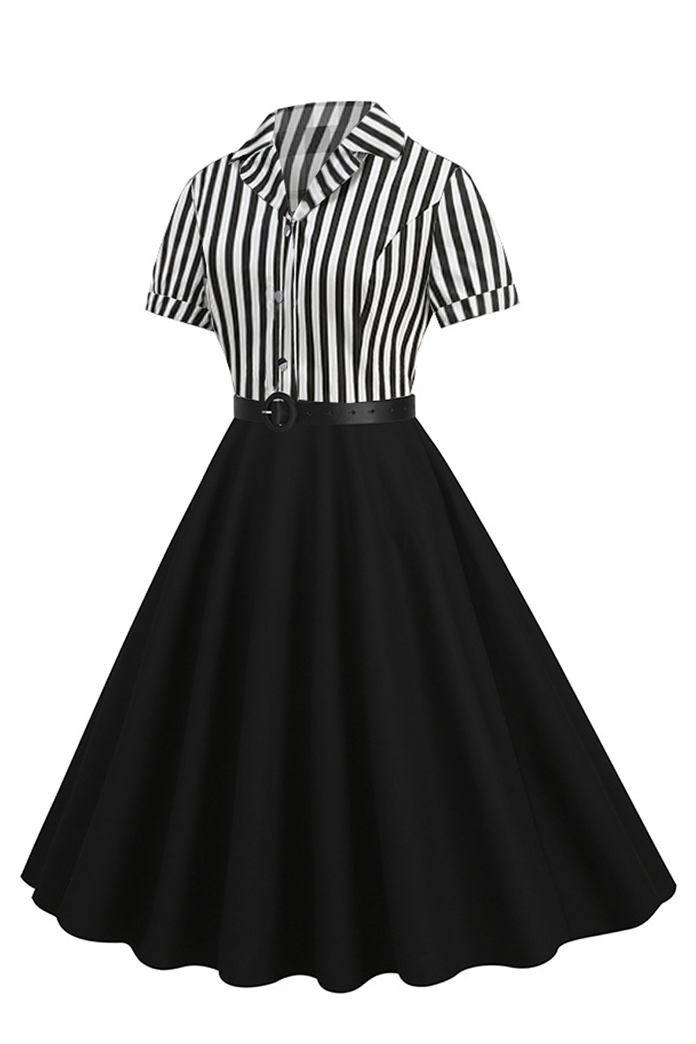 Chic Black and White Striped A-Line Dress with Shawl Collar and Button Detail
