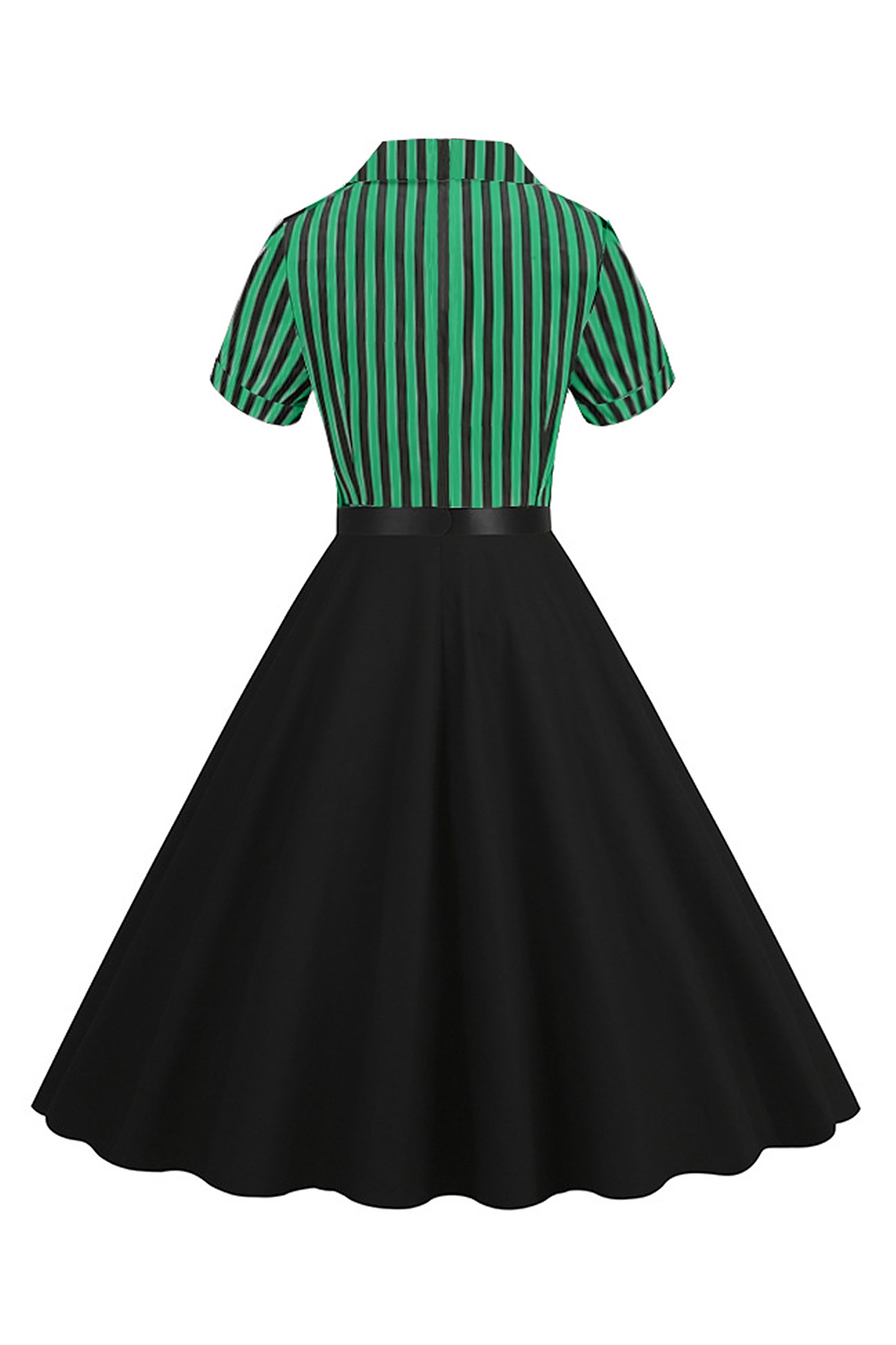 Chic Black and White Striped A-Line Dress with Shawl Collar and Button Detail