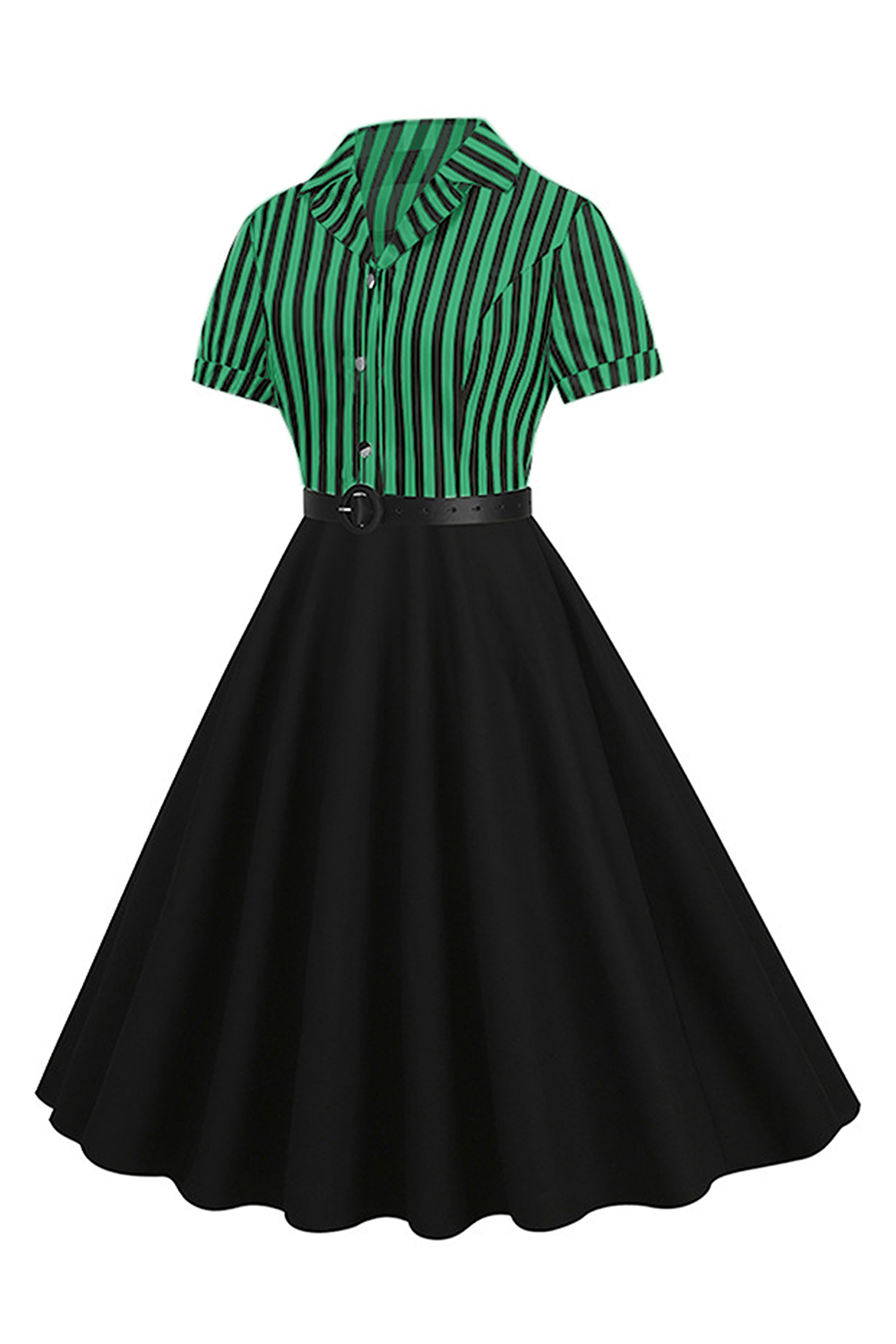 Chic Black and White Striped A-Line Dress with Shawl Collar and Button Detail