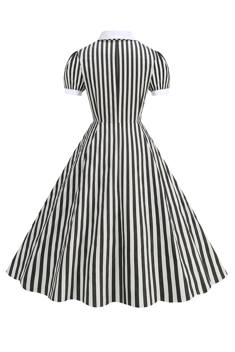 Chic Black and White Striped Button-Up Short Sleeve Midi Dress with Collar