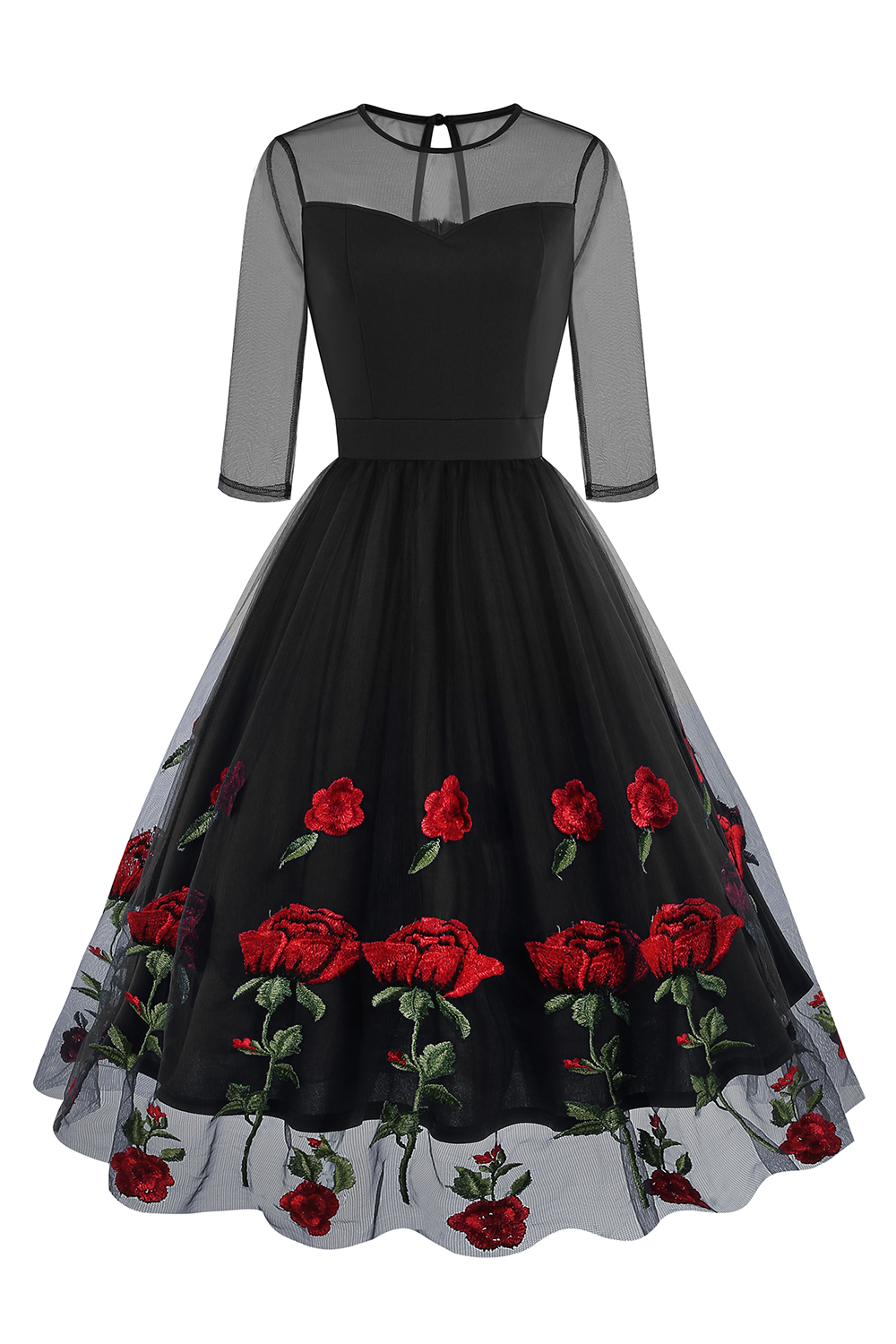 Sexy Sheer Mesh Rose Floral Print Midi Party Dress with Long Sleeves