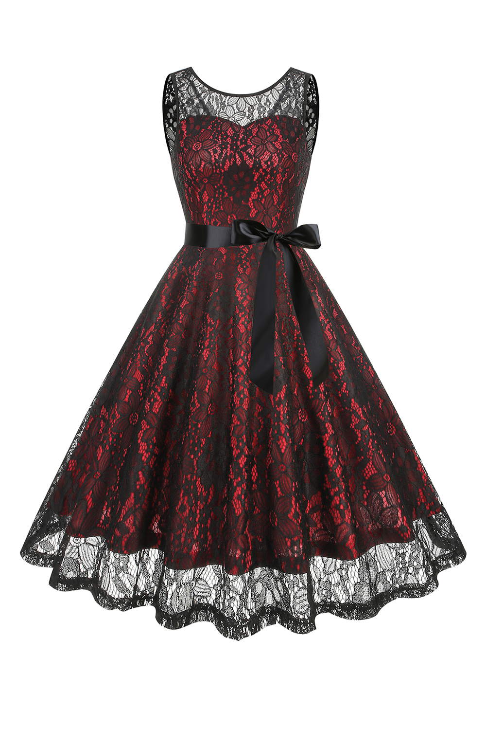 Glamorous Lace Bow Belted A-Line Party Dress
