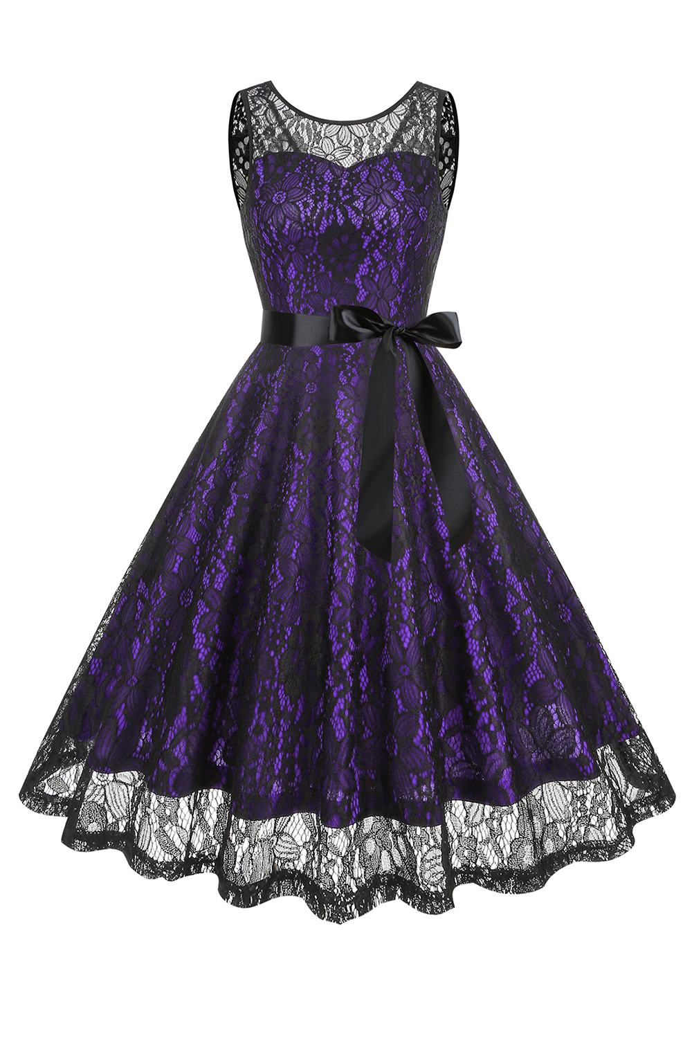 Glamorous Lace Bow Belted A-Line Party Dress