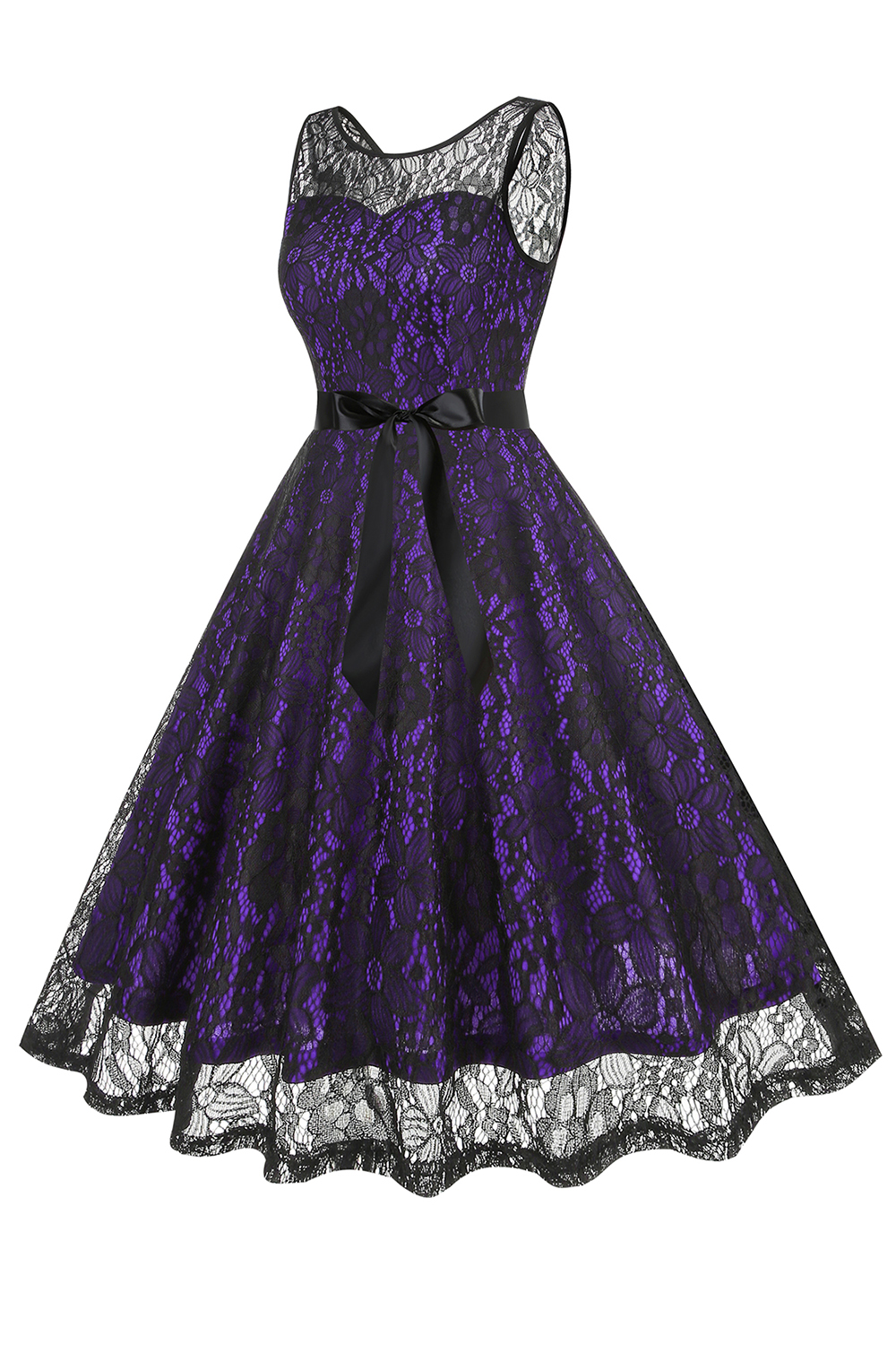 Glamorous Lace Bow Belted A-Line Party Dress