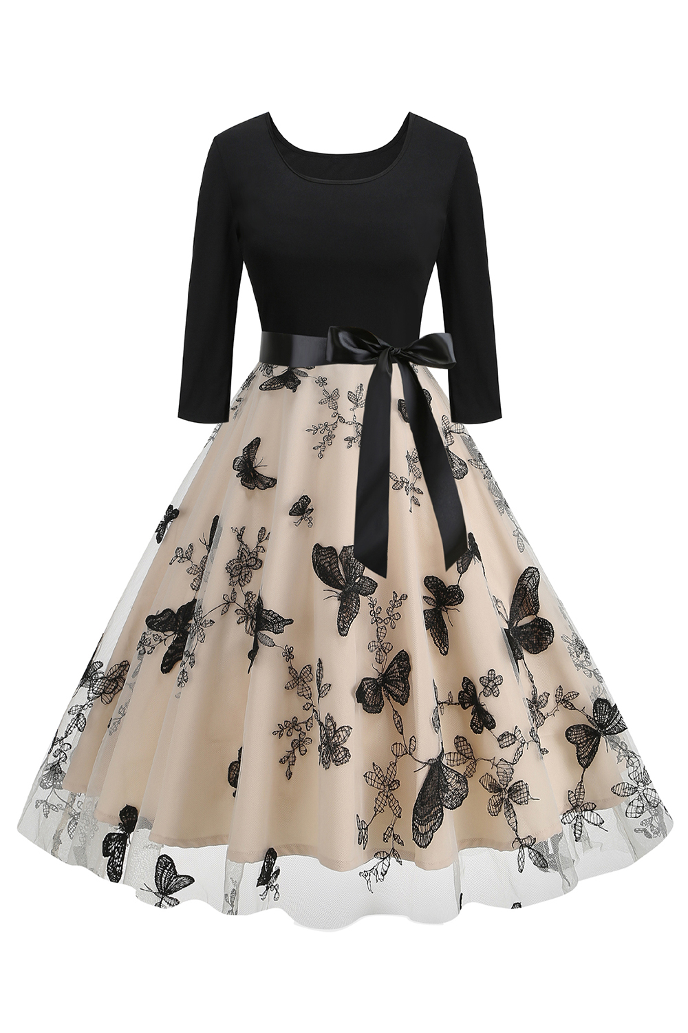 Classic Butterfly Print Belted Tea Dress